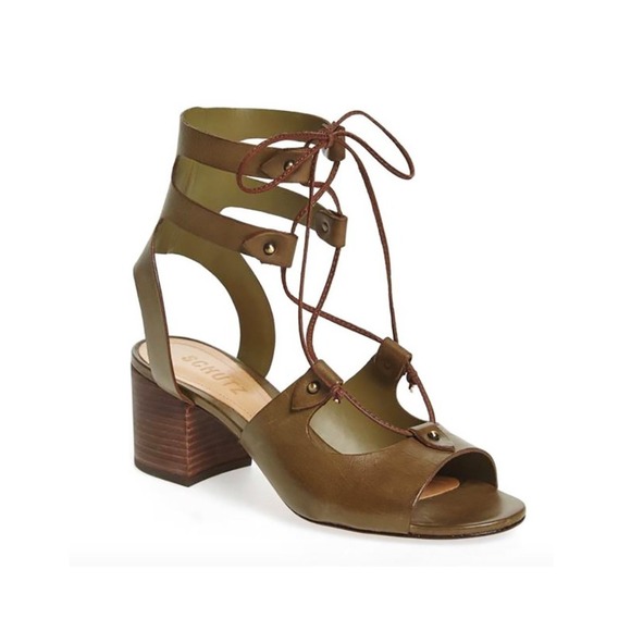 Schutz Monik Comfrey‎ Green City Heel Gladiator Lace Up Sandals Womens 10 - Picture 1 of 11